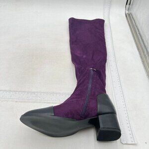 Purple Knee High Riding Long Boot Side Zip Square Toe Chunky Heel Patchwork Shoe